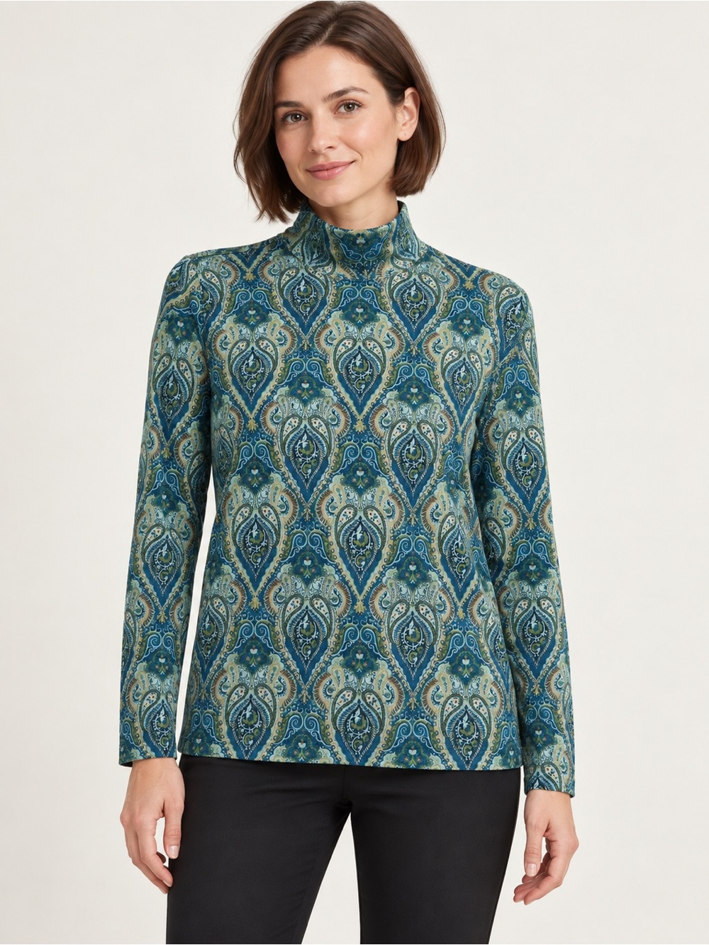 NEW Bobbie Brooks High Neck Top Size L 12 14 Blue Paisley Long Sleeve Pull Over